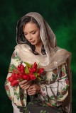 Lady with red tulips